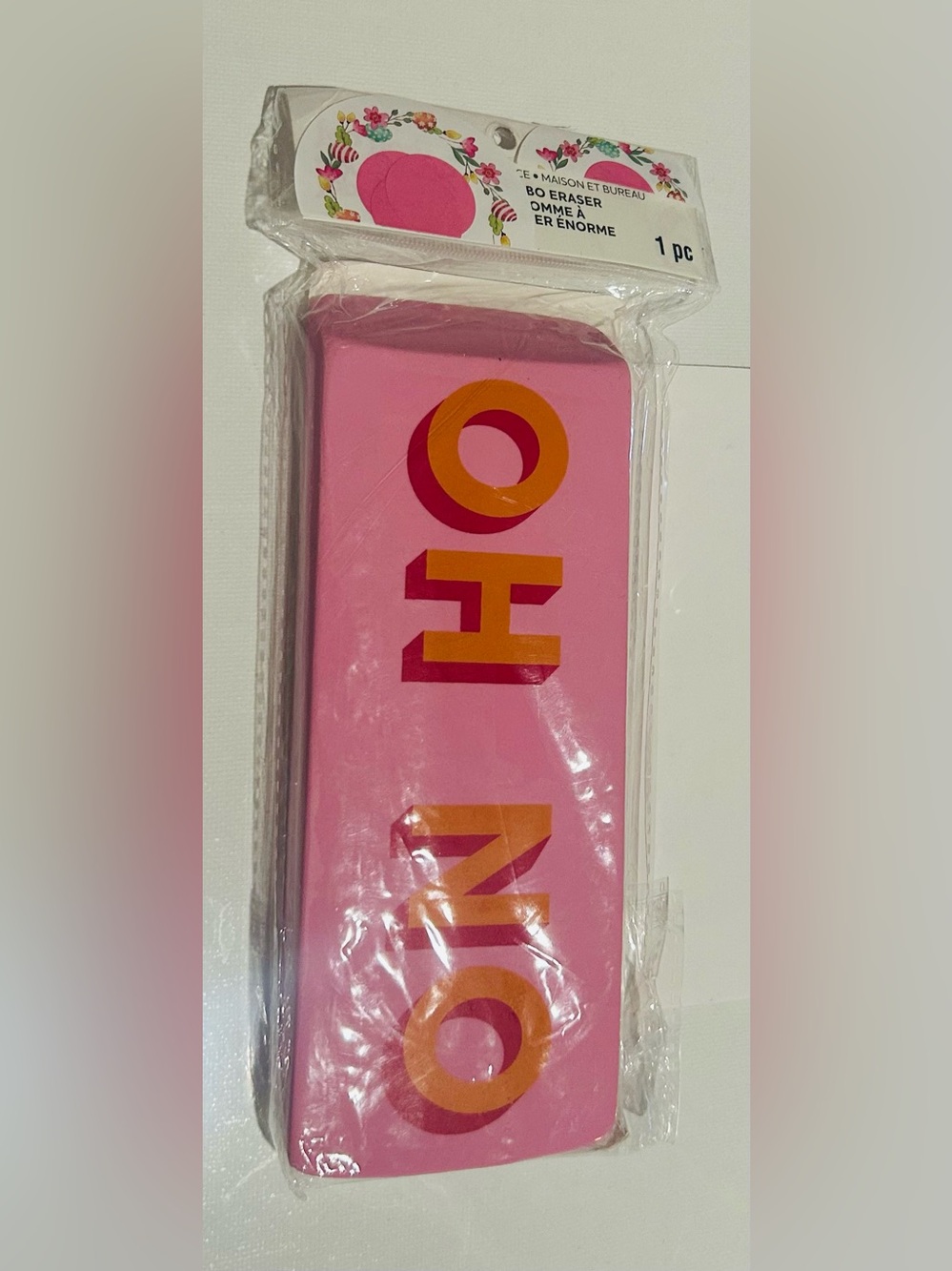 New “OH NO” Pink and Orange Jumbo Eraser 6 5/8” x 2 9/16”